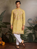 Marvelous Yellow Mirror Work Viscose Silk Haldi Wear Men Kurta With Pant