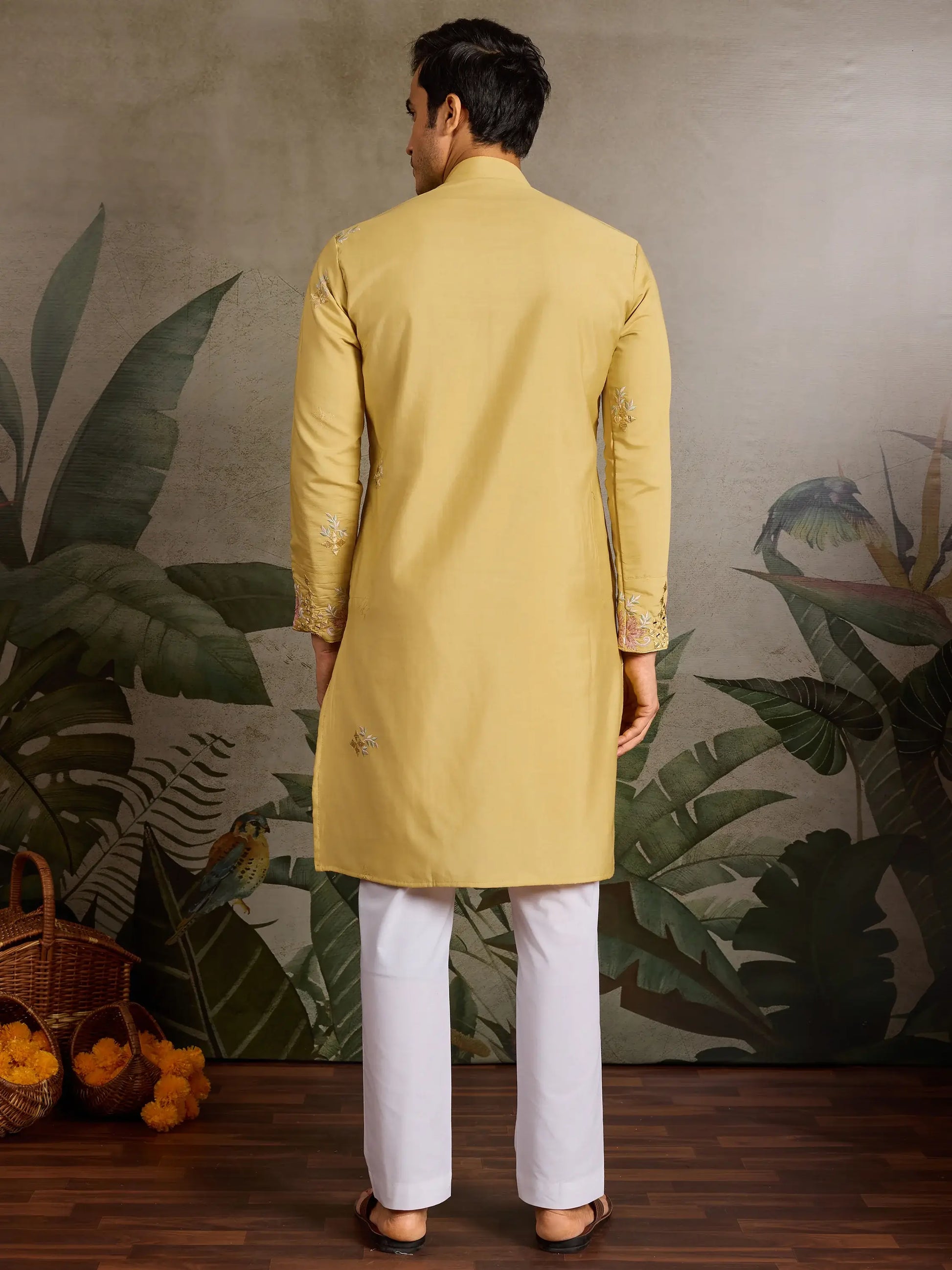 Marvelous Yellow Mirror Work Viscose Silk Haldi Wear Men Kurta With Pant