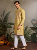 Marvelous Yellow Mirror Work Viscose Silk Haldi Wear Men Kurta With Pant