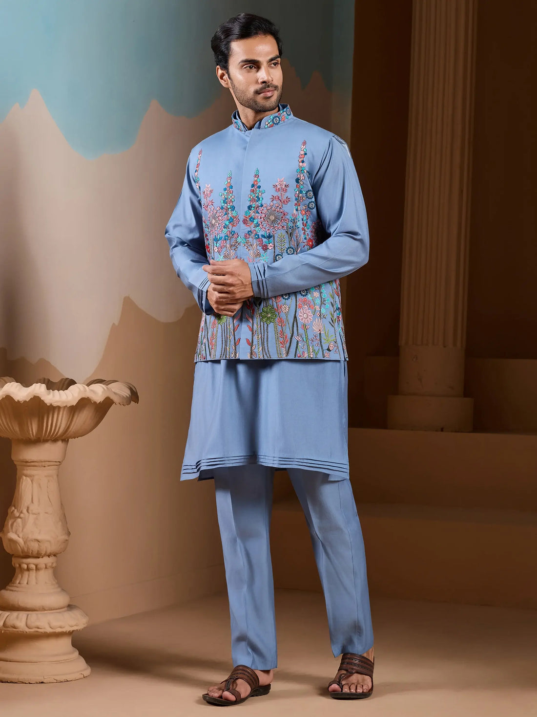 Notable Sky Blue Thread Work Silk Men Festive Wear Kurta Pant With Jacket