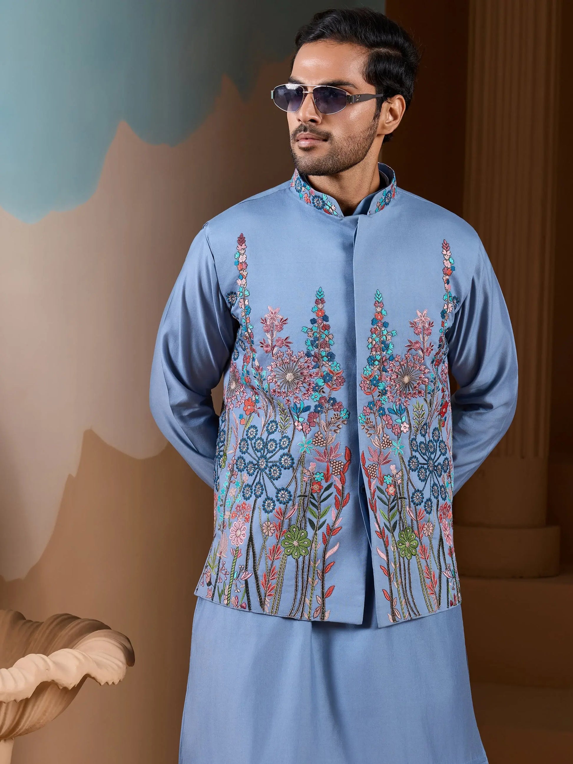 Notable Sky Blue Thread Work Silk Men Festive Wear Kurta Pant With Jacket