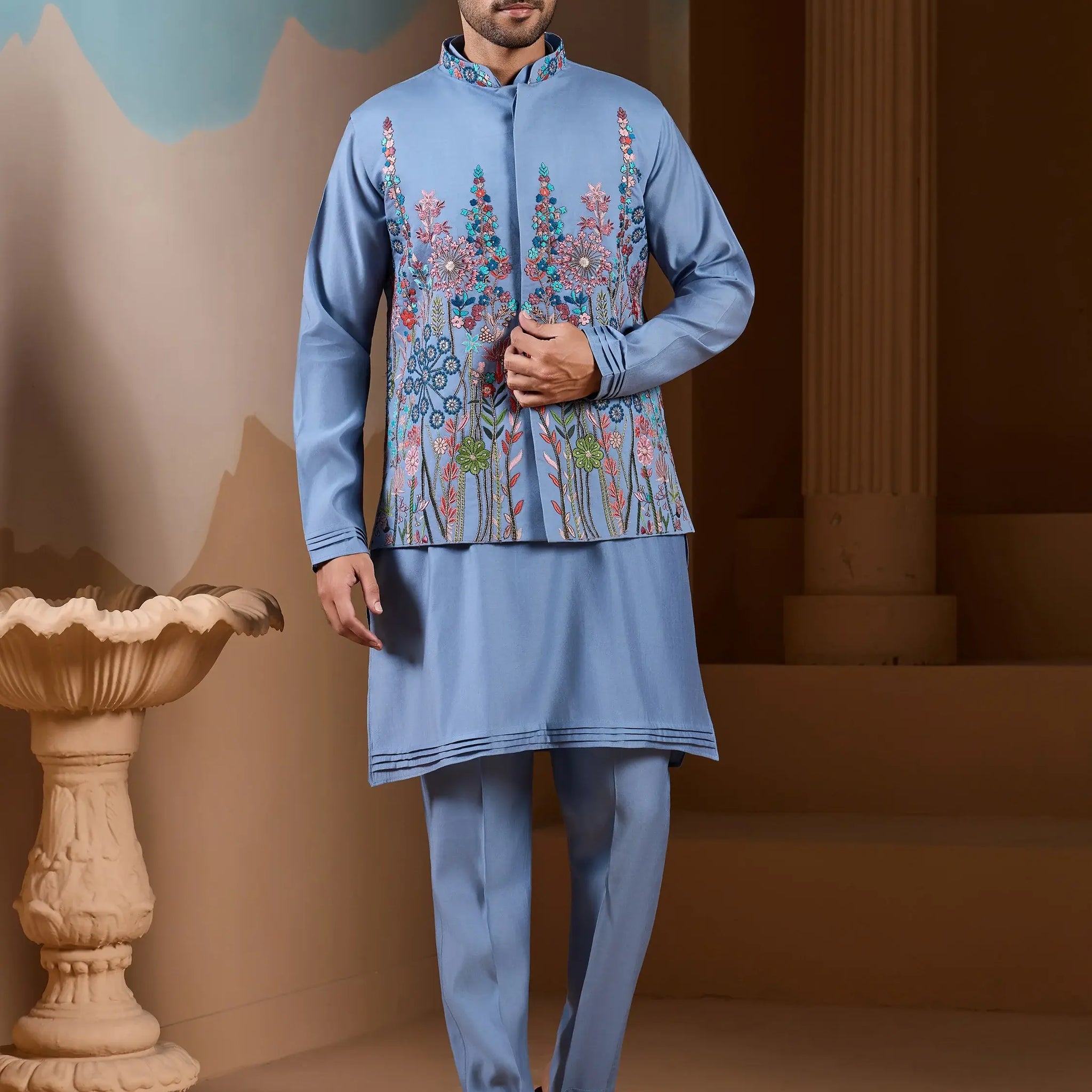 Notable Sky Blue Thread Work Silk Men Festive Wear Kurta Pant With Jacket