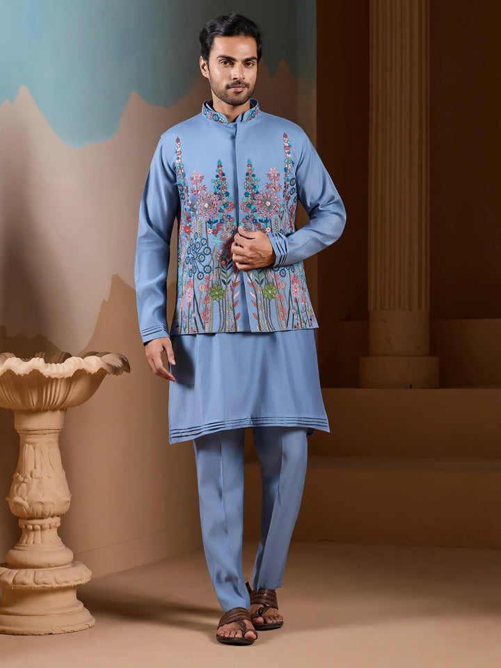 Notable Sky Blue Thread Work Silk Men Festive Wear Kurta Pant With Jacket
