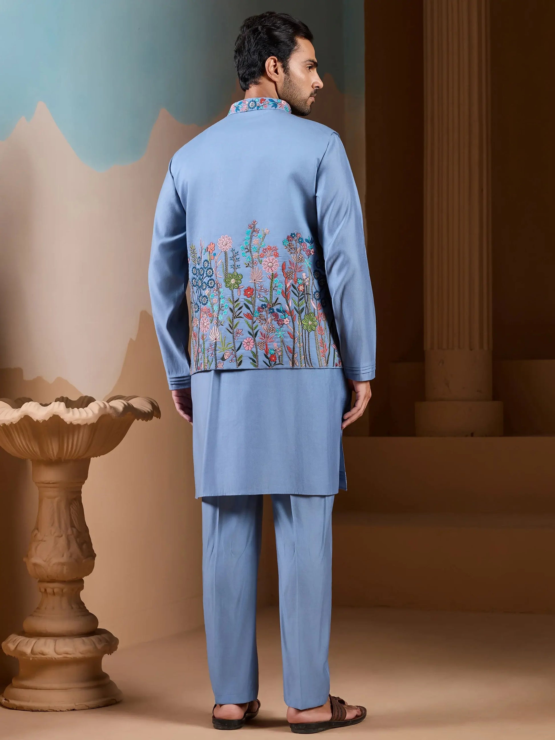 Notable Sky Blue Thread Work Silk Men Festive Wear Kurta Pant With Jacket
