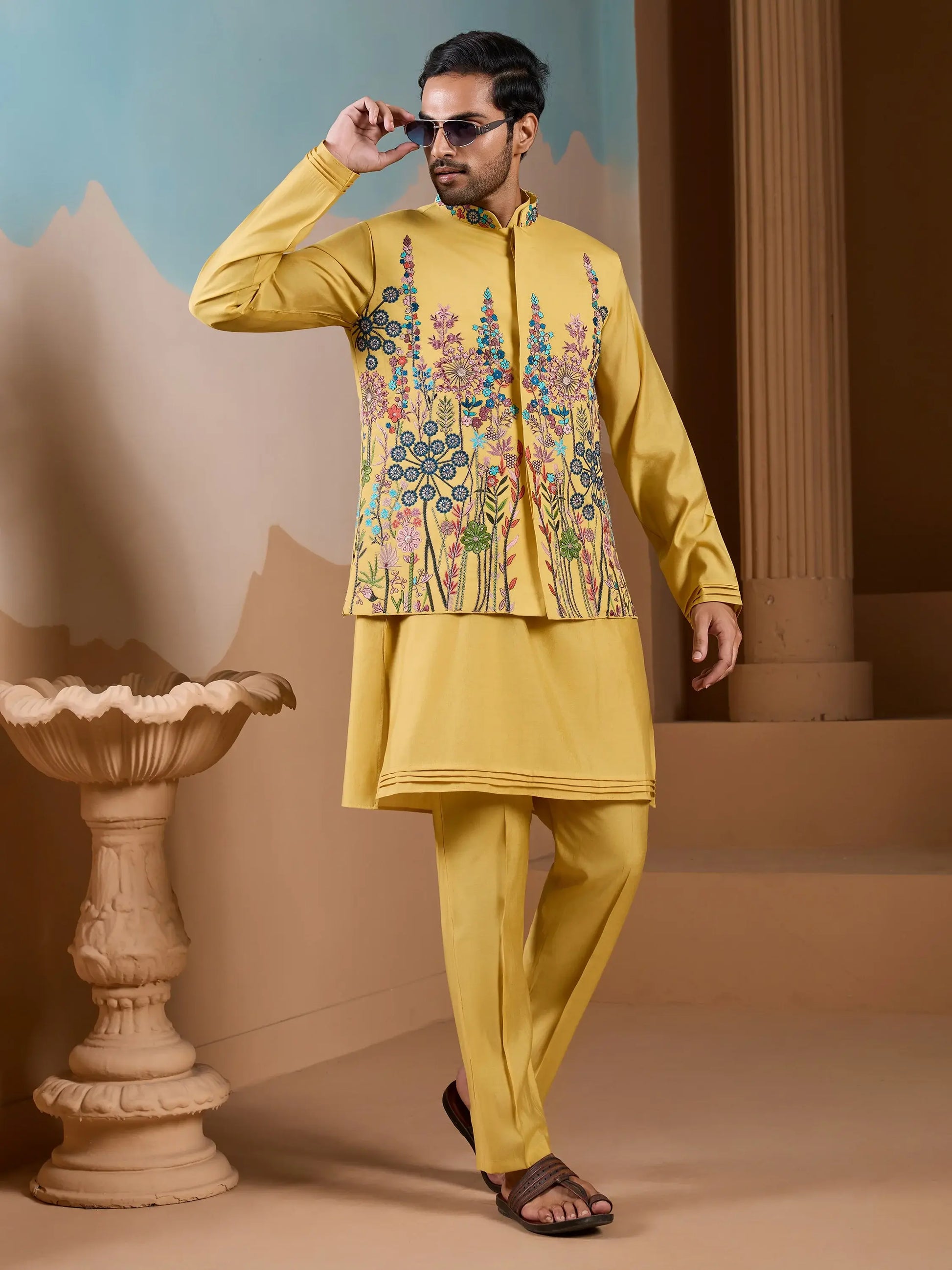 Amazing Yellow Floral Embroidered Silk Men Haldi Wear Kurta Pant With Jacket