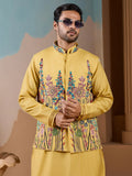 Amazing Yellow Floral Embroidered Silk Men Haldi Wear Kurta Pant With Jacket