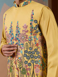 Amazing Yellow Floral Embroidered Silk Men Haldi Wear Kurta Pant With Jacket
