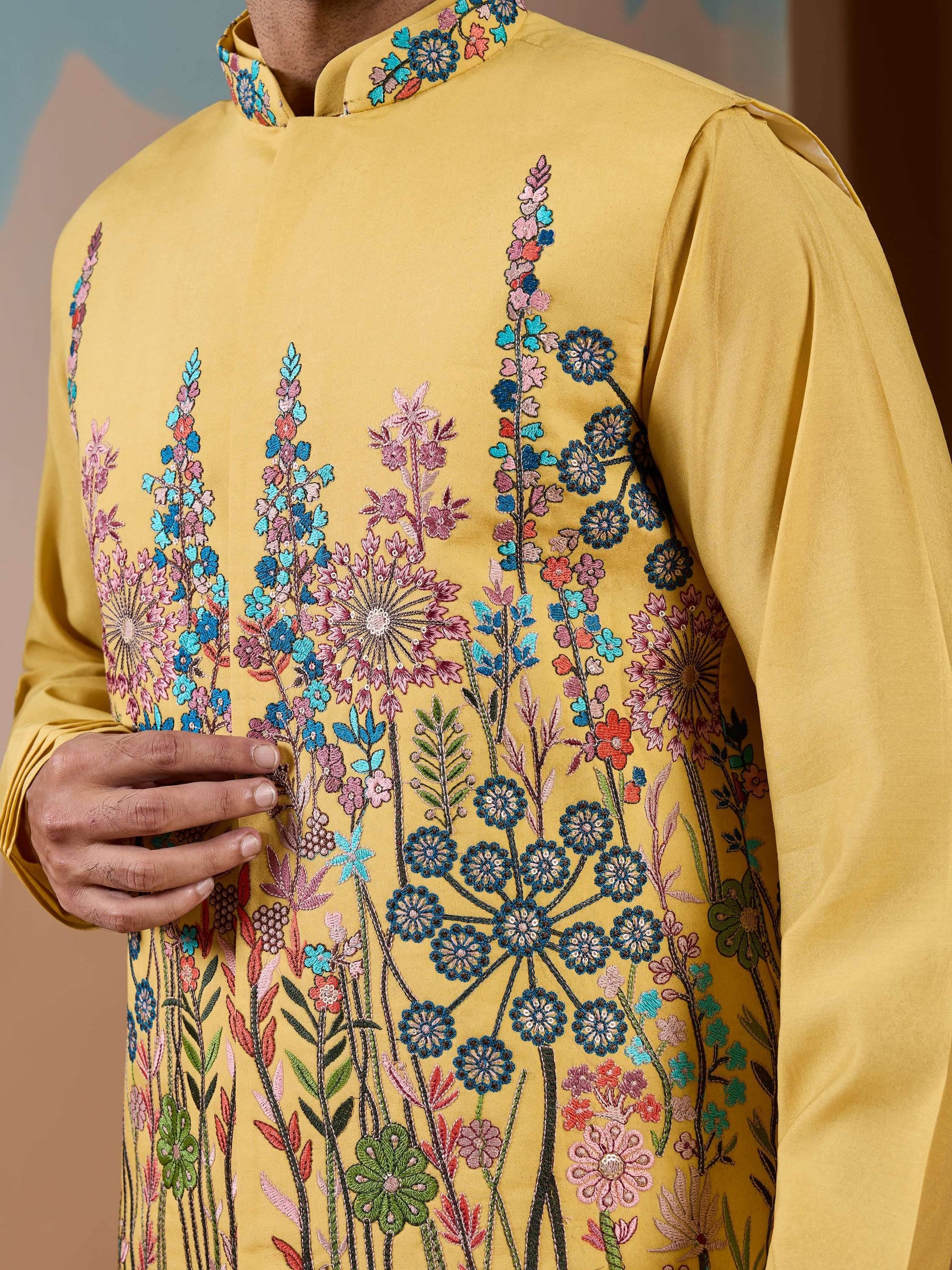 Amazing Yellow Floral Embroidered Silk Men Haldi Wear Kurta Pant With Jacket