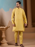 Amazing Yellow Floral Embroidered Silk Men Haldi Wear Kurta Pant With Jacket