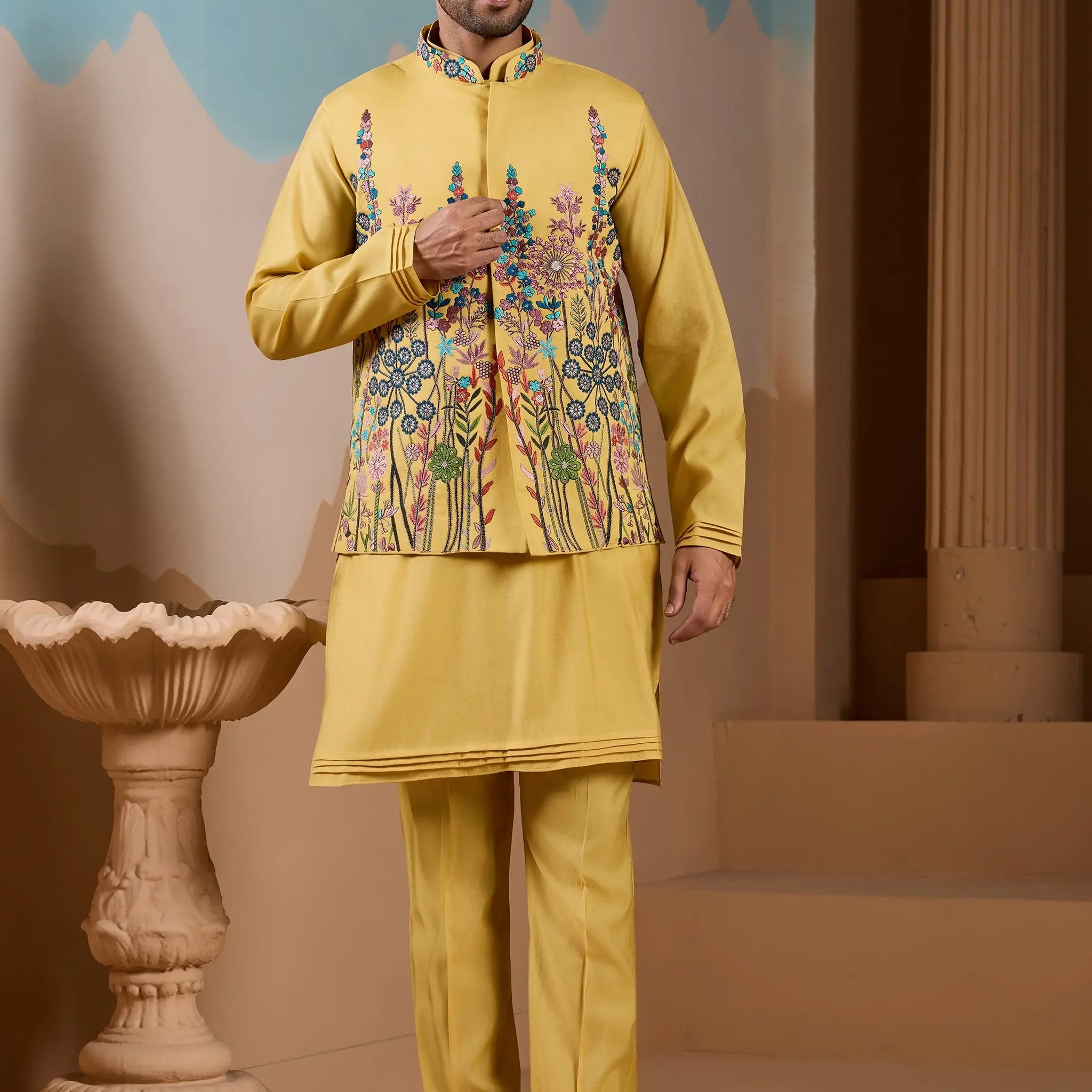 Amazing Yellow Floral Embroidered Silk Men Haldi Wear Kurta Pant With Jacket