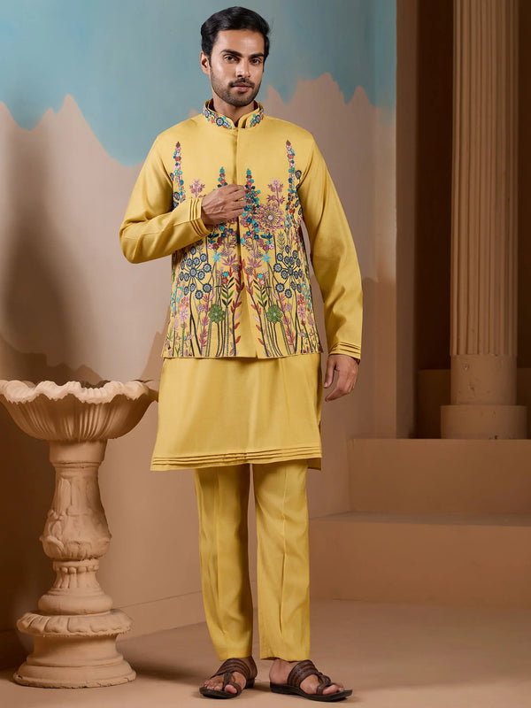 Amazing Yellow Floral Embroidered Silk Men Haldi Wear Kurta Pant With Jacket