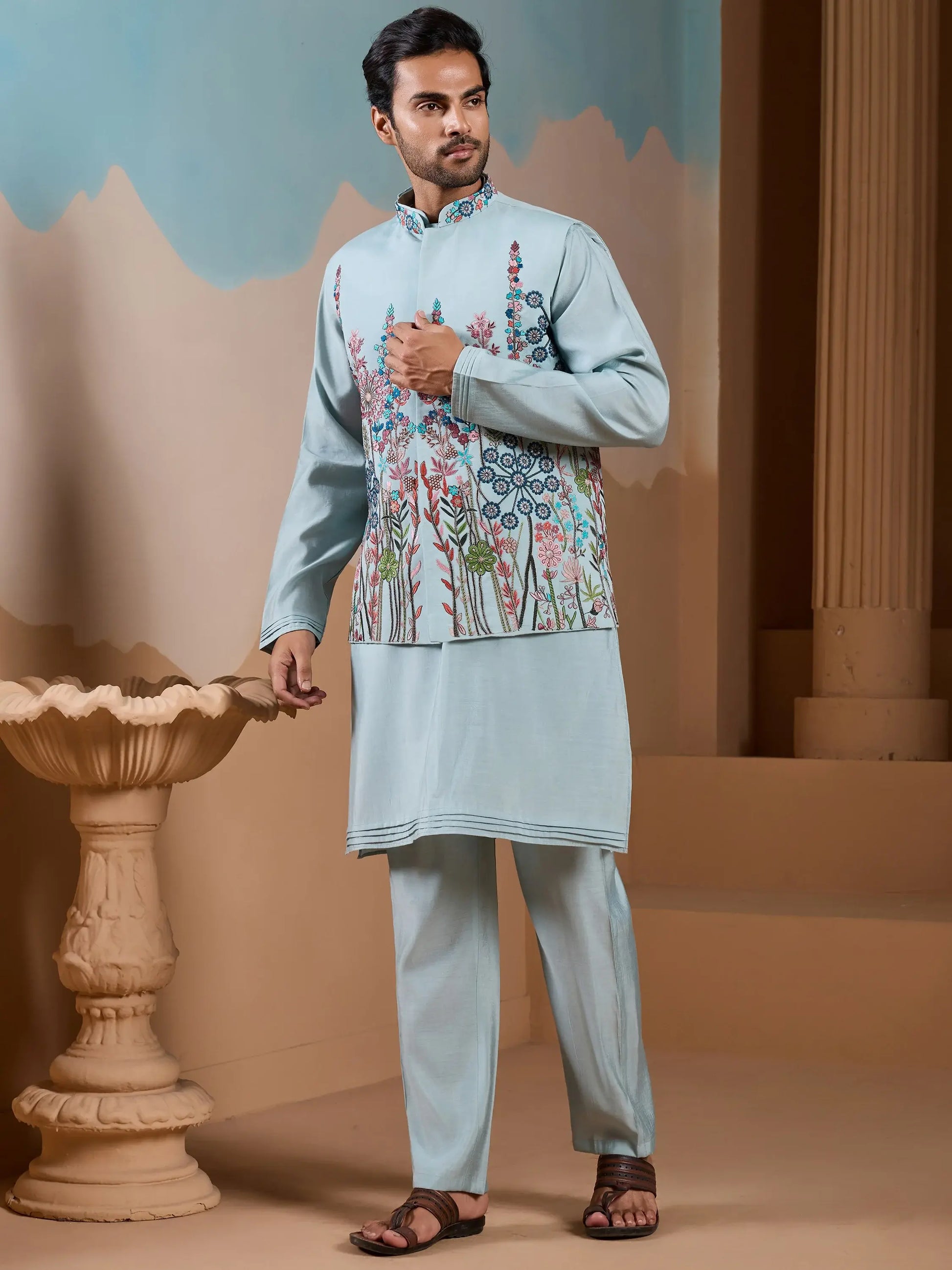Alluring Pista Embroidered Silk Men Wedding Wear Kurta Pant With Jacket