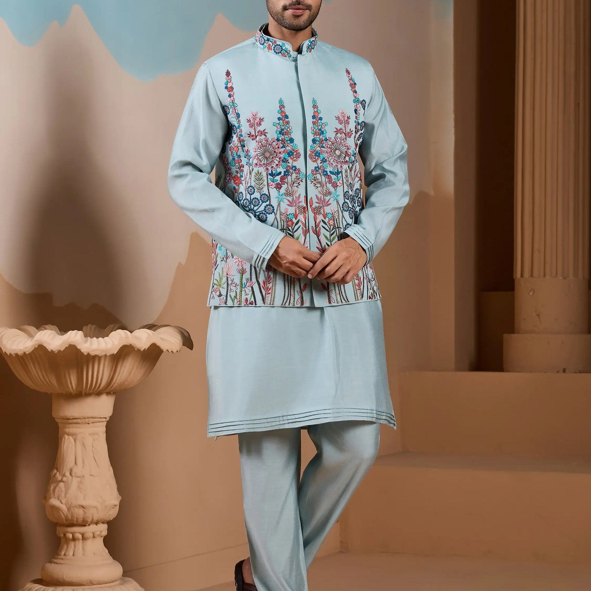 Alluring Pista Embroidered Silk Men Wedding Wear Kurta Pant With Jacket