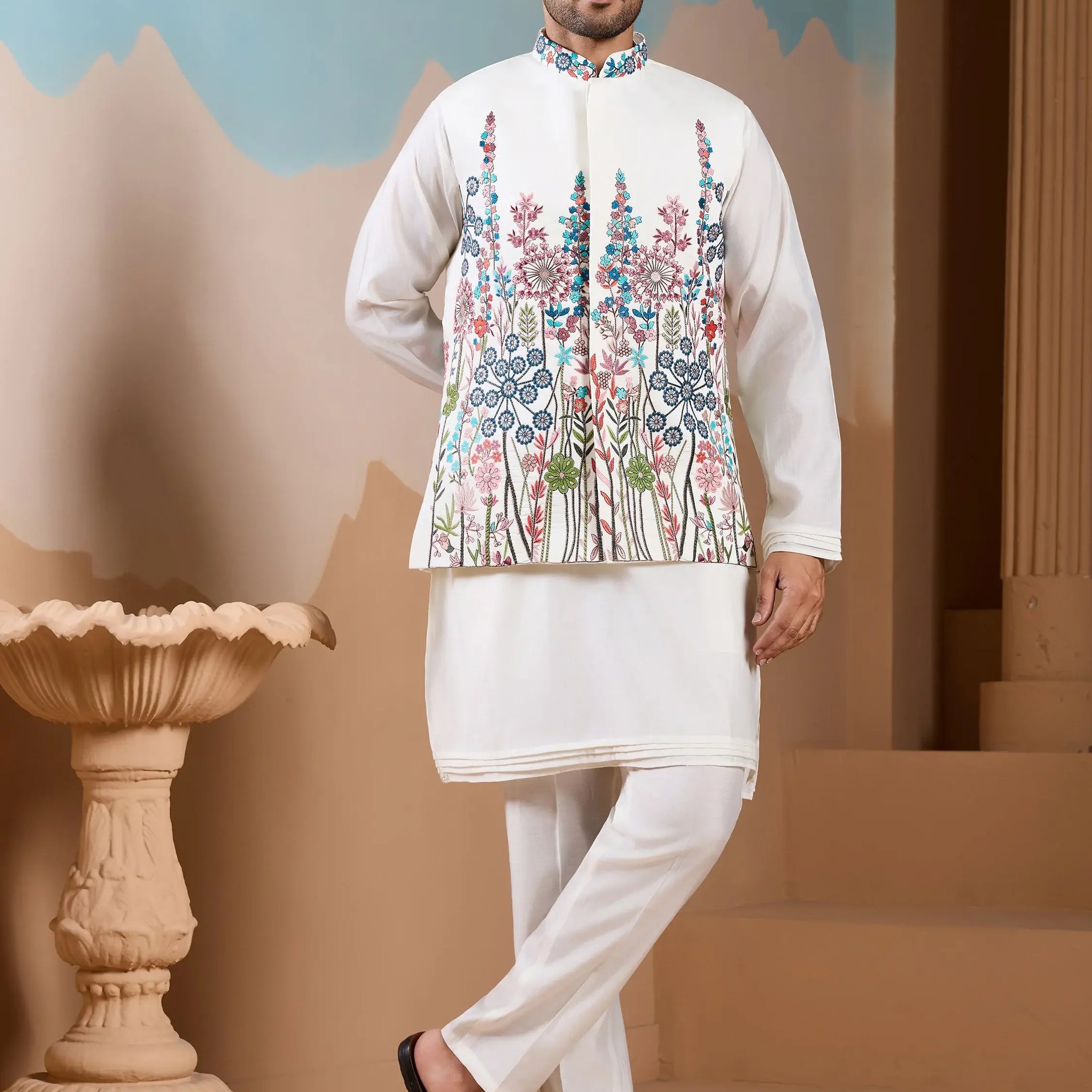 Elegant White Sequins Work Silk Men Event Wear Kurta Pant With Jacket