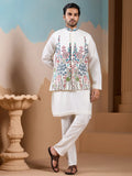 Elegant White Sequins Work Silk Men Event Wear Kurta Pant With Jacket
