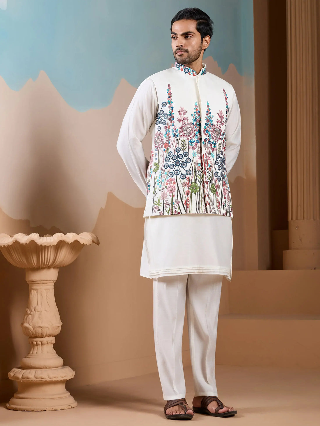 Elegant White Sequins Work Silk Men Event Wear Kurta Pant With Jacket