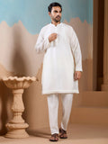 Elegant White Sequins Work Silk Men Event Wear Kurta Pant With Jacket