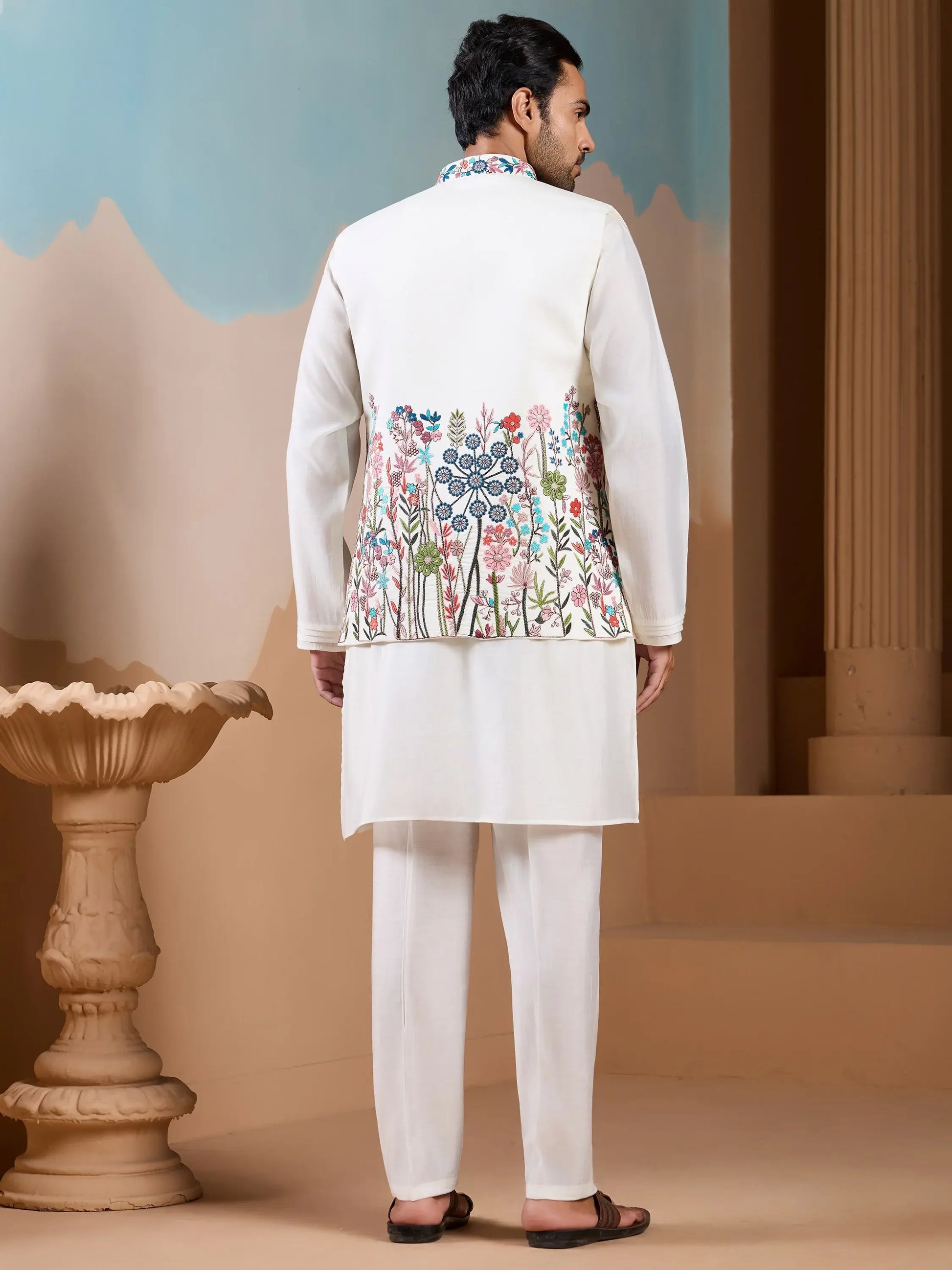 Elegant White Sequins Work Silk Men Event Wear Kurta Pant With Jacket