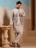 Classic Beige Thread Work Silk Men Evening Wear Kurta Pant With Jacket
