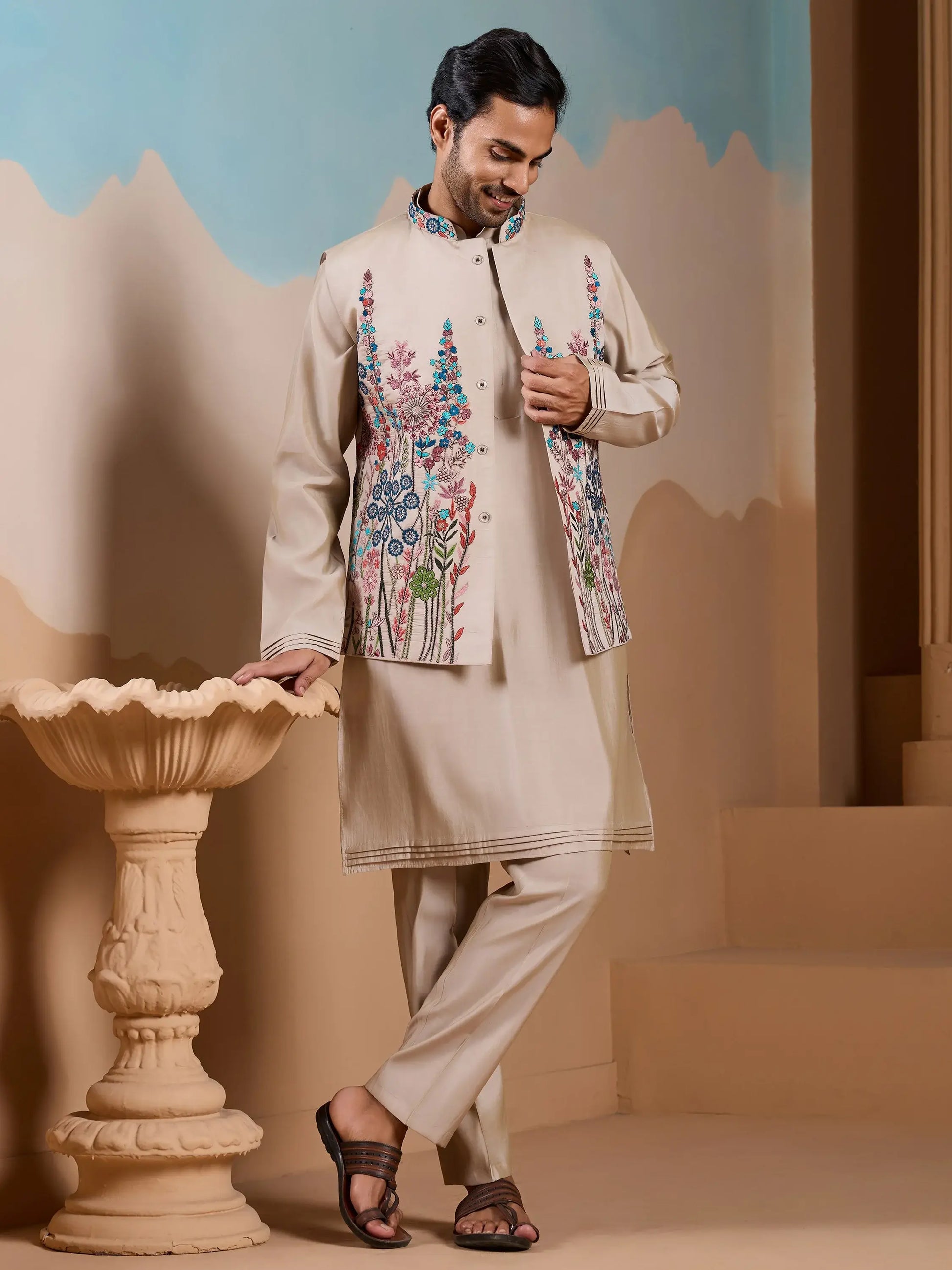 Classic Beige Thread Work Silk Men Evening Wear Kurta Pant With Jacket