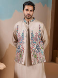 Classic Beige Thread Work Silk Men Evening Wear Kurta Pant With Jacket