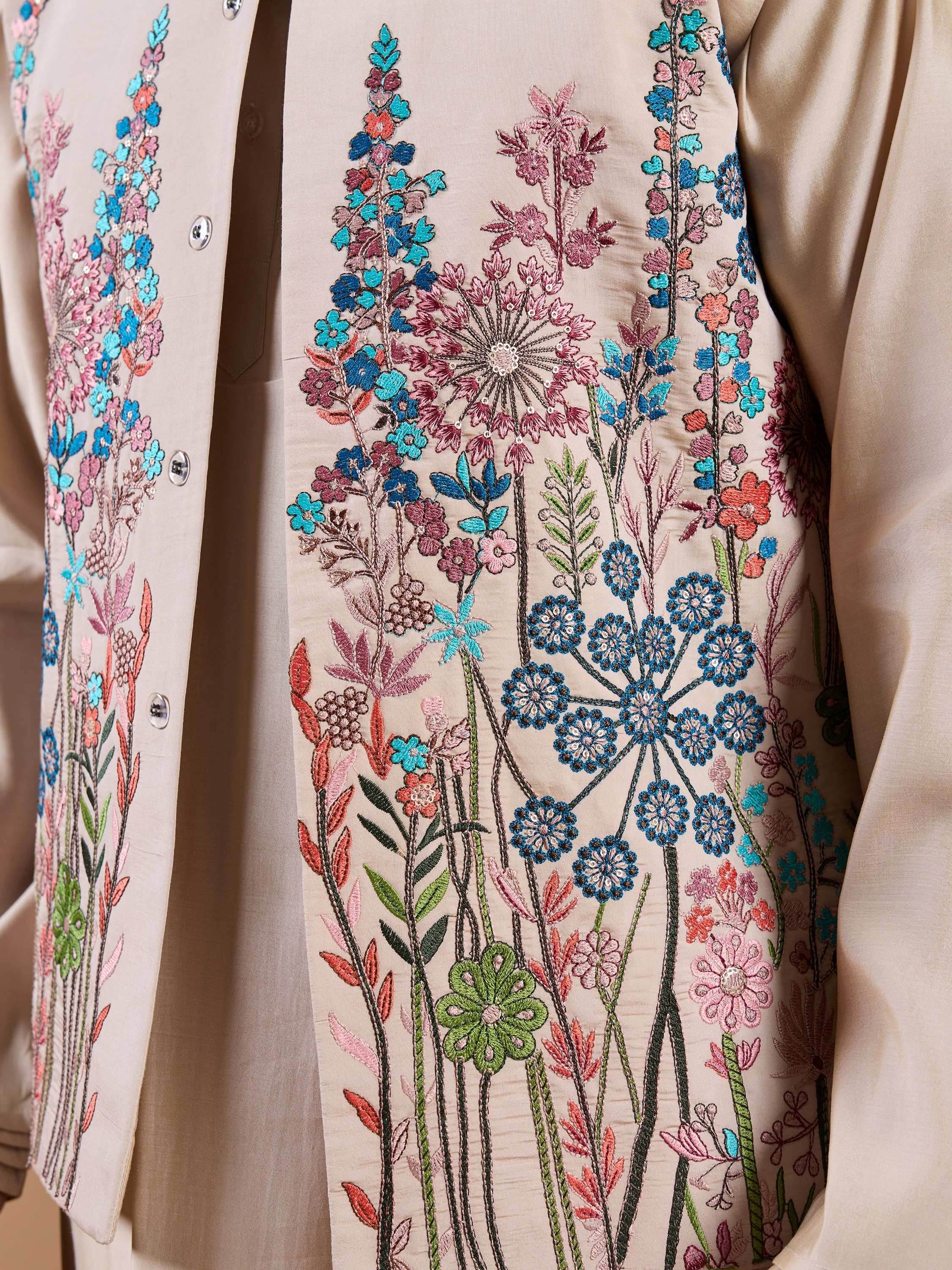 Classic Beige Thread Work Silk Men Evening Wear Kurta Pant With Jacket