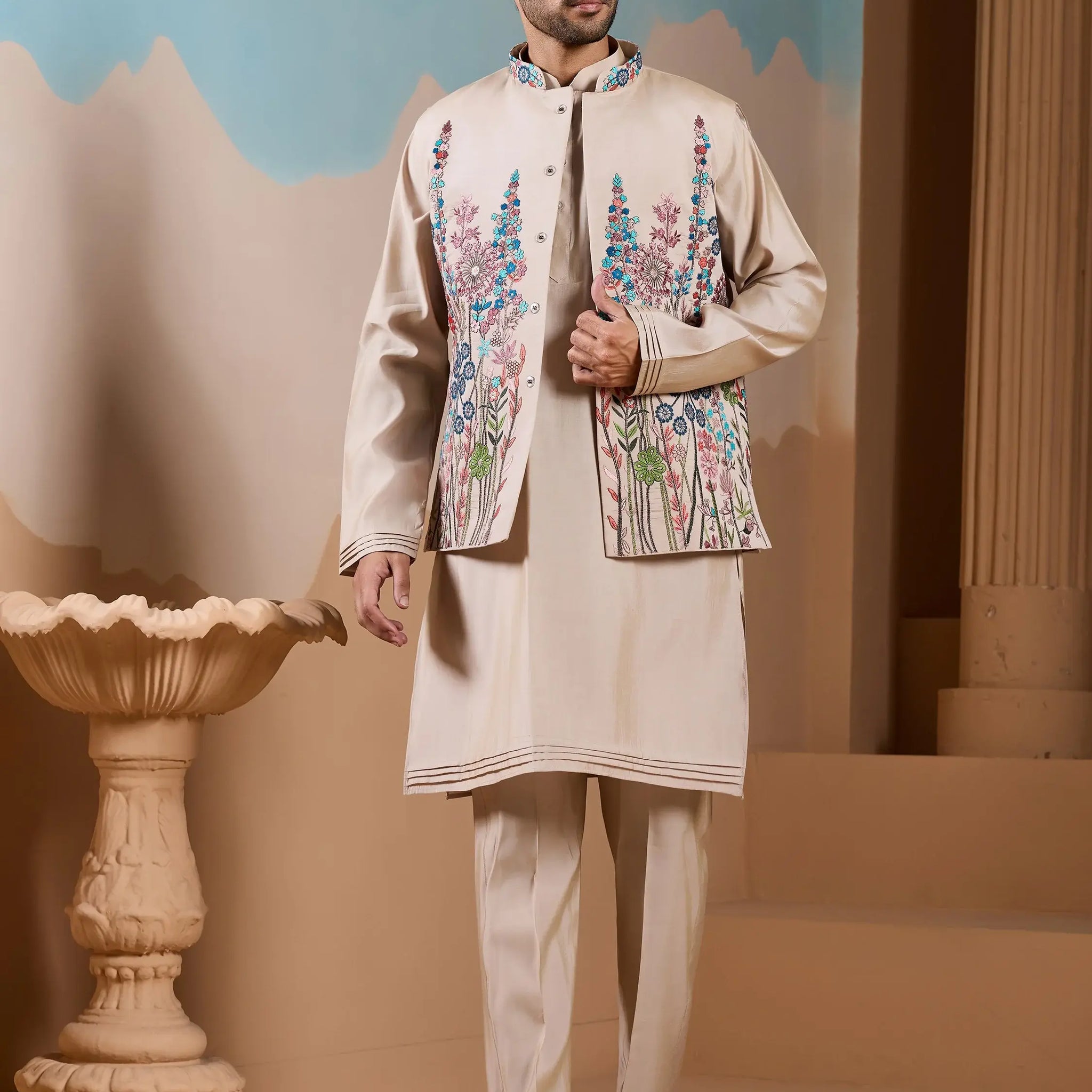 Classic Beige Thread Work Silk Men Evening Wear Kurta Pant With Jacket
