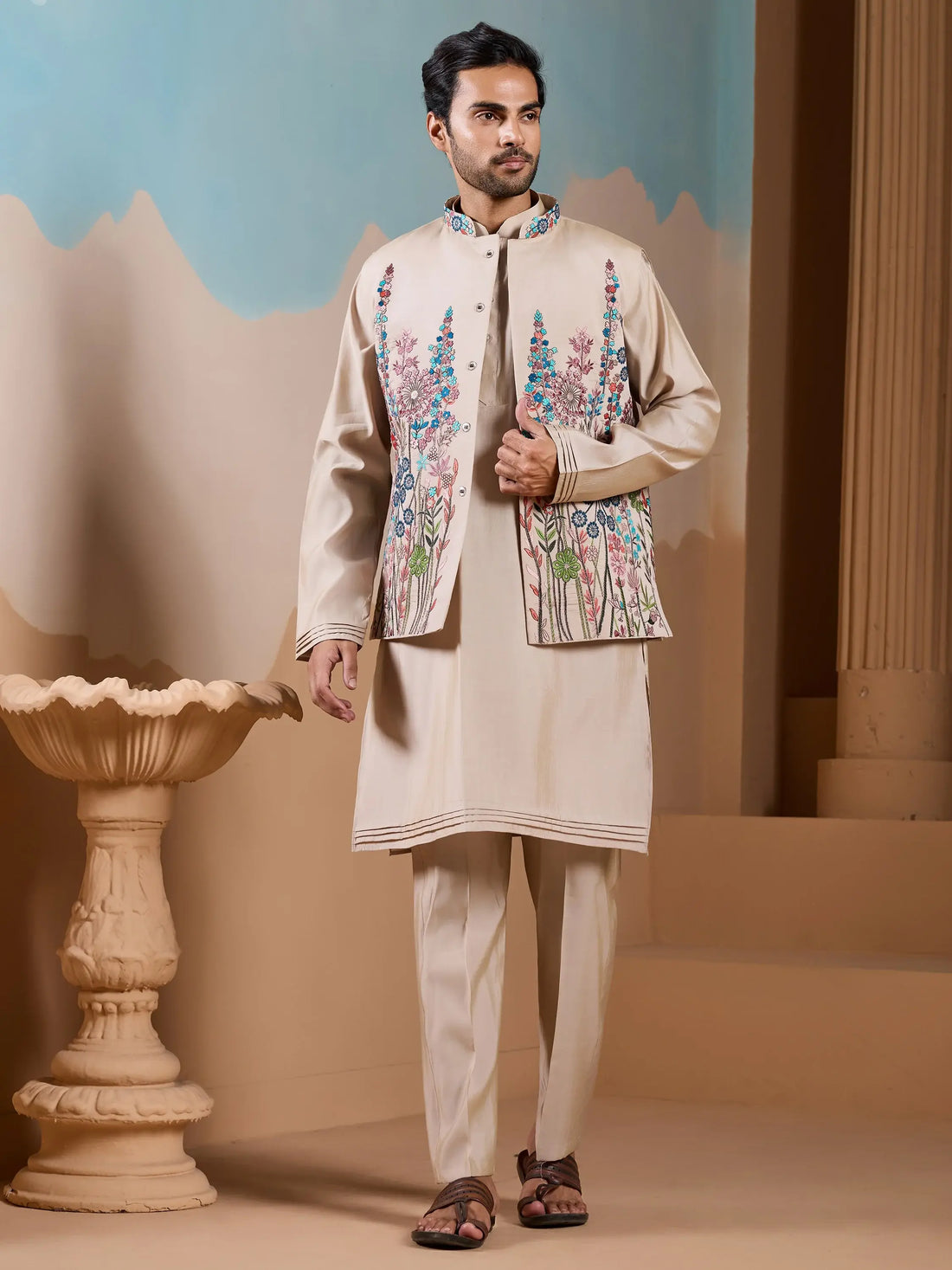 Classic Beige Thread Work Silk Men Evening Wear Kurta Pant With Jacket