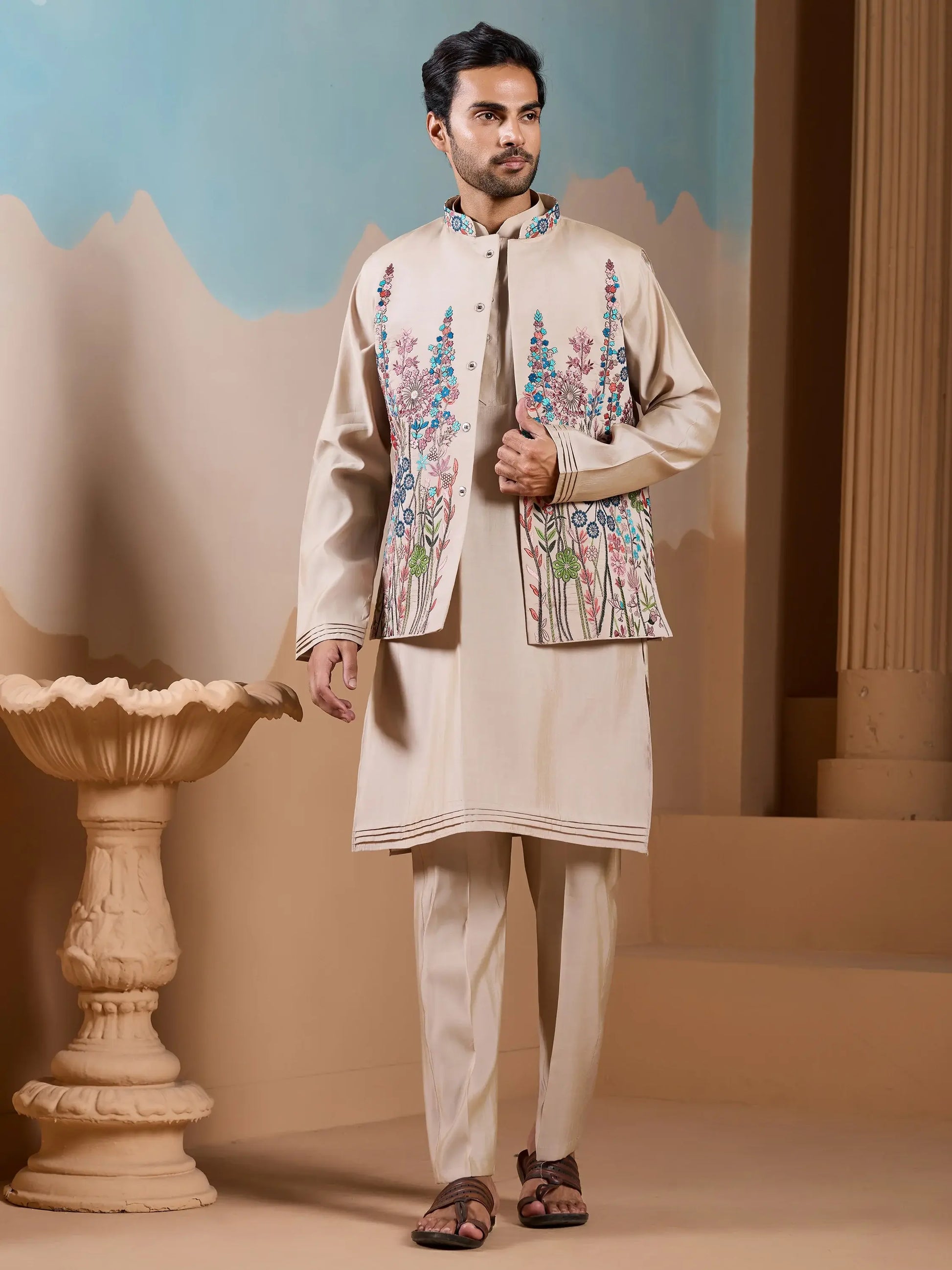Classic Beige Thread Work Silk Men Evening Wear Kurta Pant With Jacket