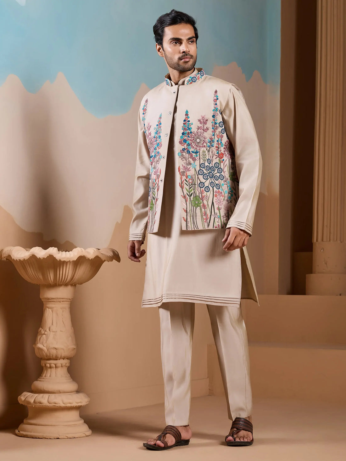 Classic Beige Thread Work Silk Men Evening Wear Kurta Pant With Jacket