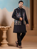 Awesome Black Thread Embroidery Silk Men Party Wear Kurta Pant With Jacket