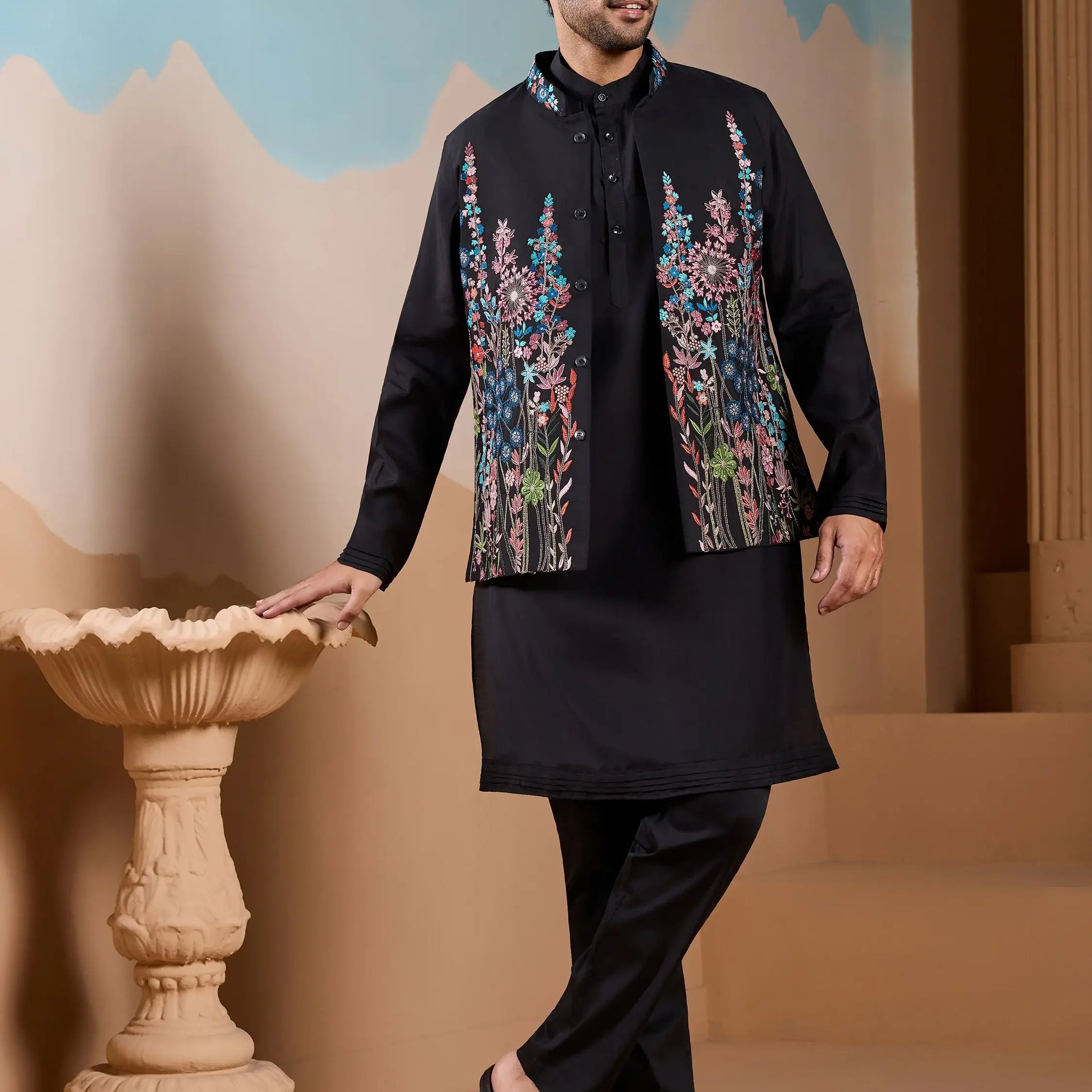Awesome Black Thread Embroidery Silk Men Party Wear Kurta Pant With Jacket
