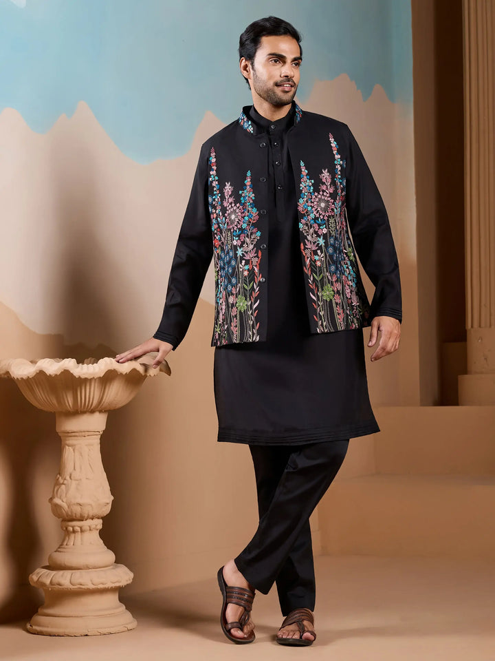 Awesome Black Thread Embroidery Silk Men Party Wear Kurta Pant With Jacket