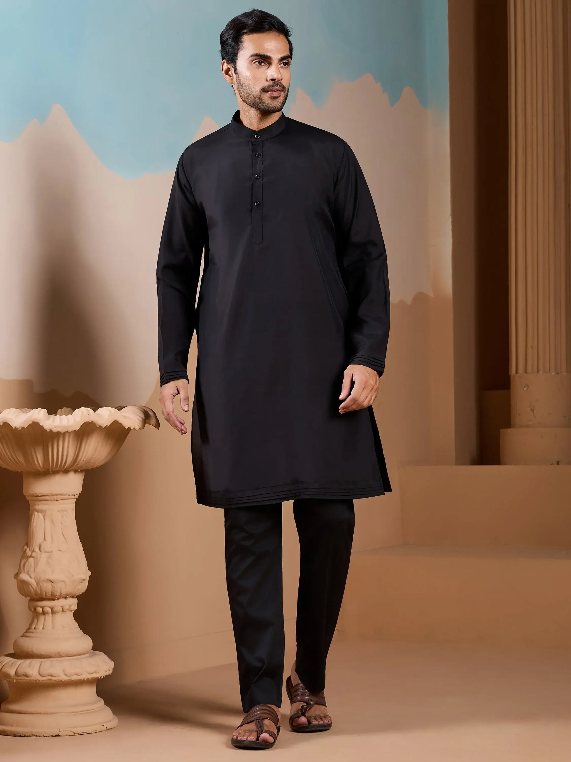 Awesome Black Thread Embroidery Silk Men Party Wear Kurta Pant With Jacket
