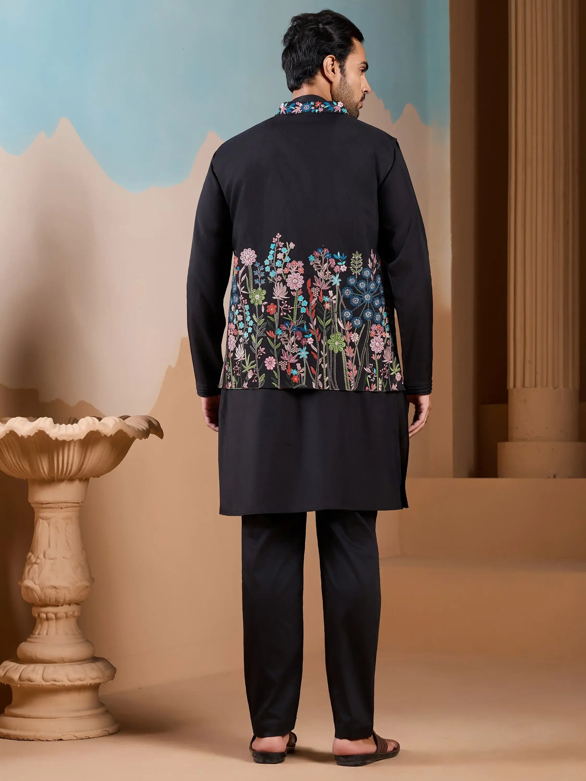 Awesome Black Thread Embroidery Silk Men Party Wear Kurta Pant With Jacket