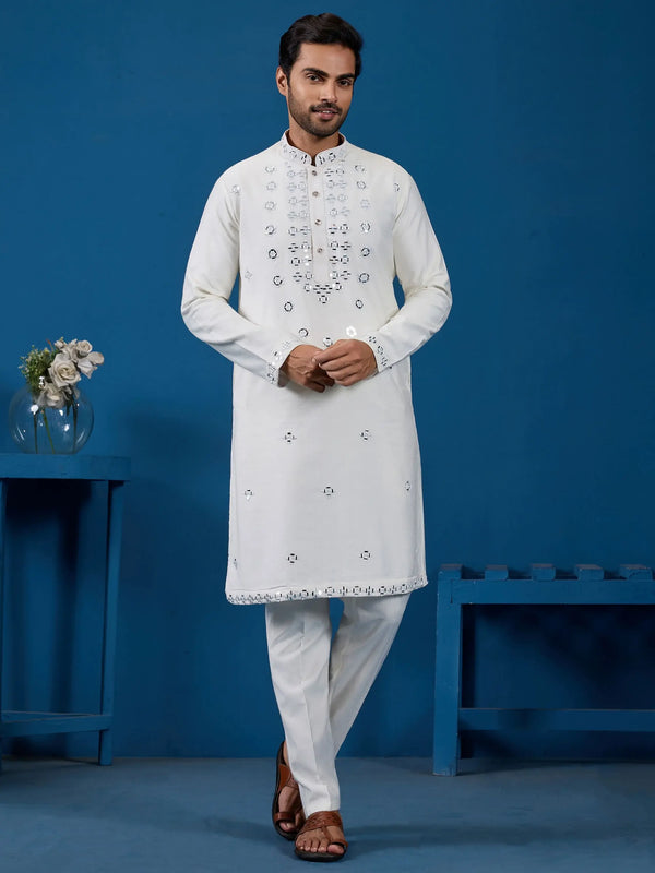 Superb White Mirror Work Viscose Silk Festive Wear Men Kurta And Pant