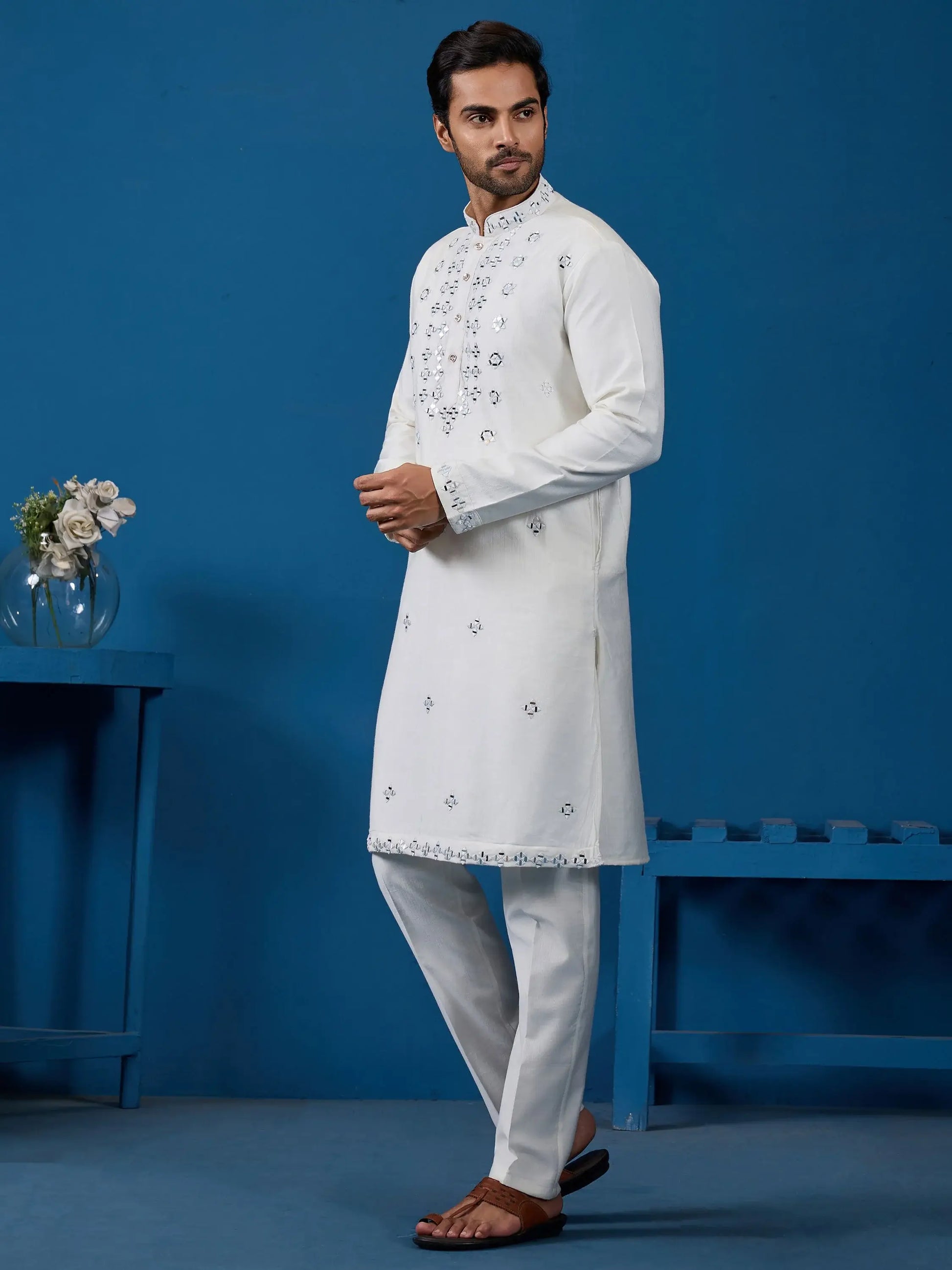 Superb White Mirror Work Viscose Silk Festive Wear Men Kurta And Pant