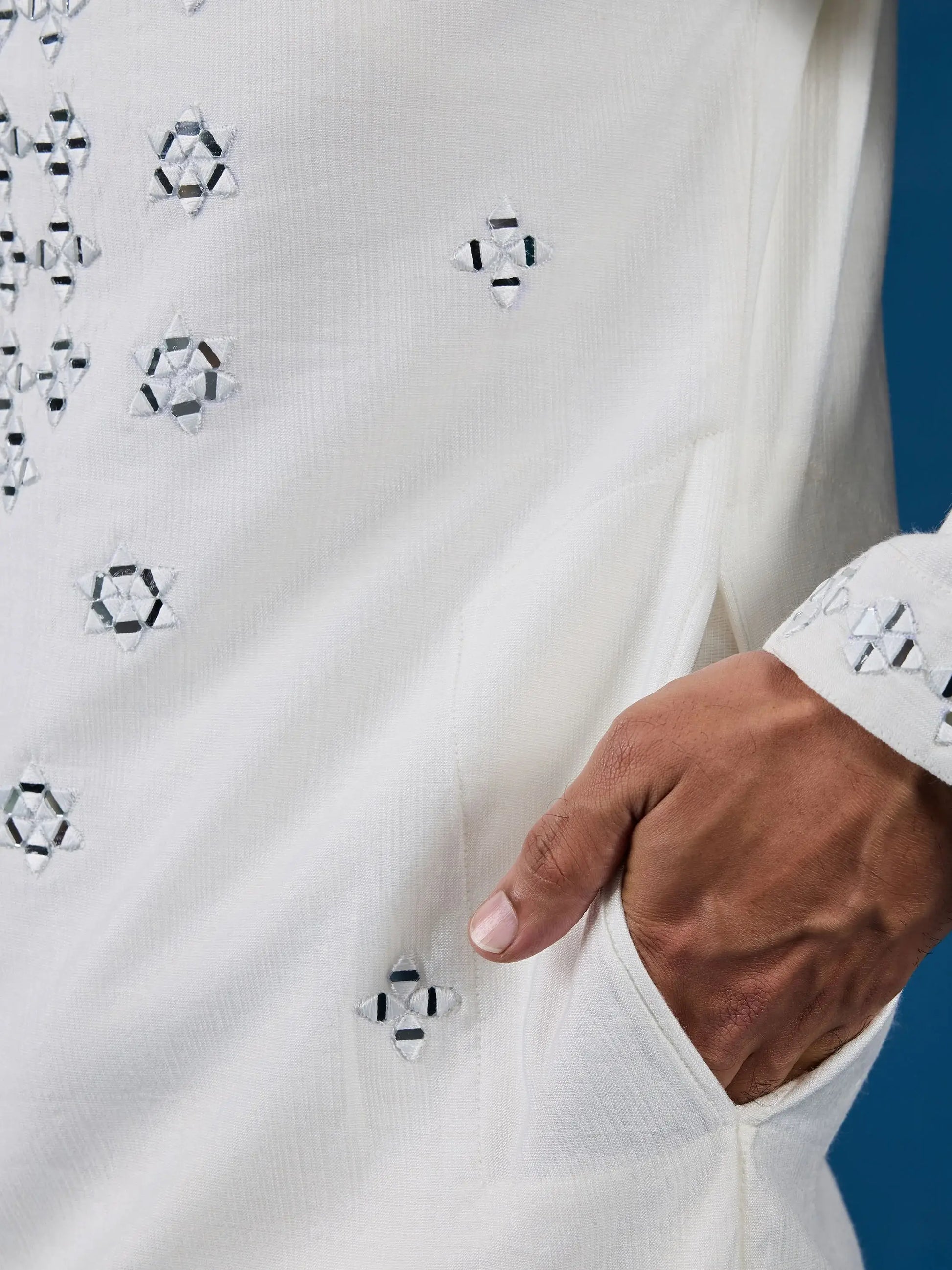 Superb White Mirror Work Viscose Silk Festive Wear Men Kurta And Pant