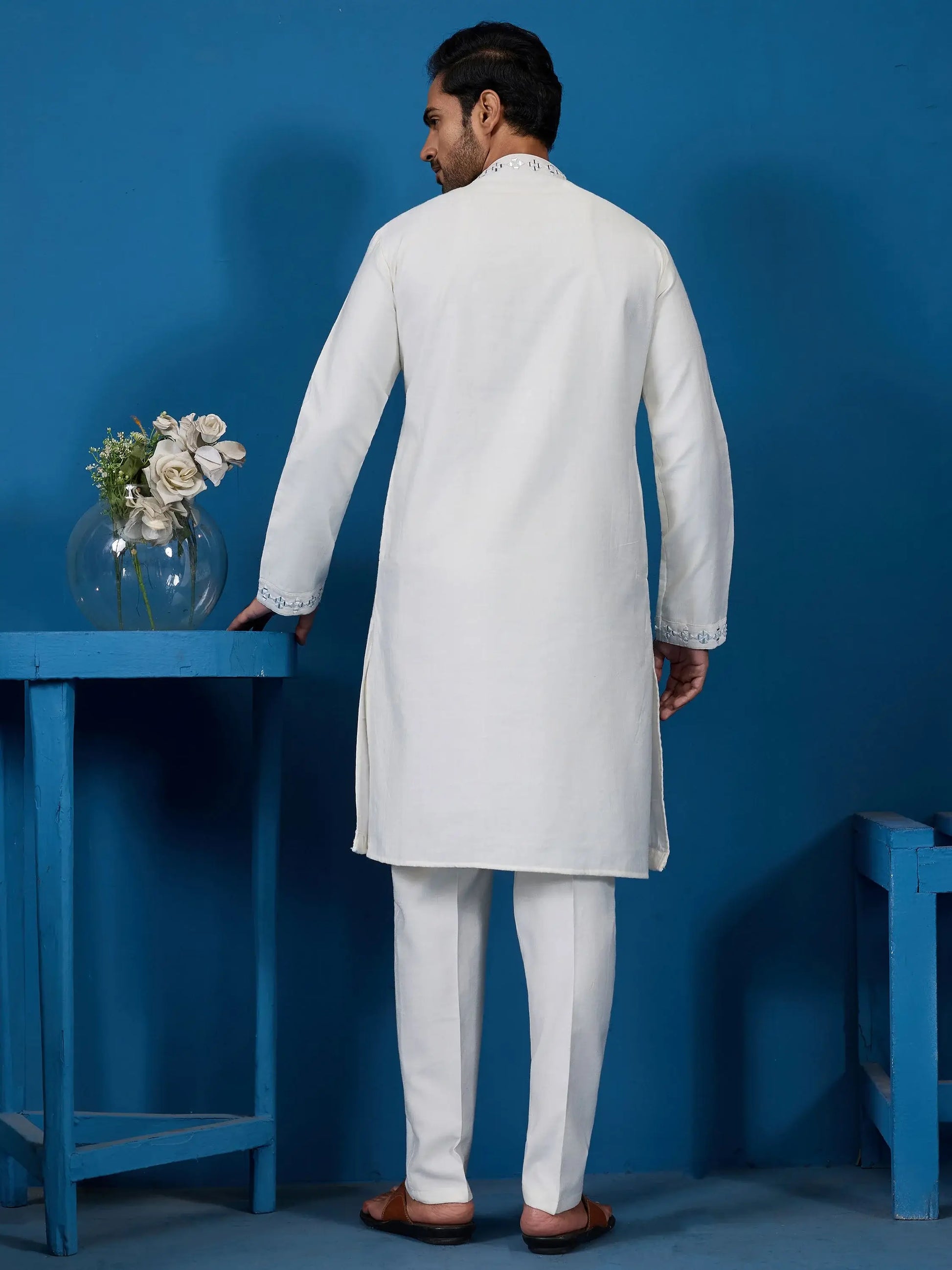 Superb White Mirror Work Viscose Silk Festive Wear Men Kurta And Pant