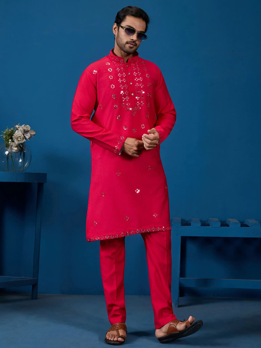 Rich Rani Pink Thread Work Viscose Silk Wedding Wear Men Kurta With Pant
