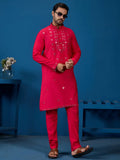 Rich Rani Pink Thread Work Viscose Silk Wedding Wear Men Kurta With Pant