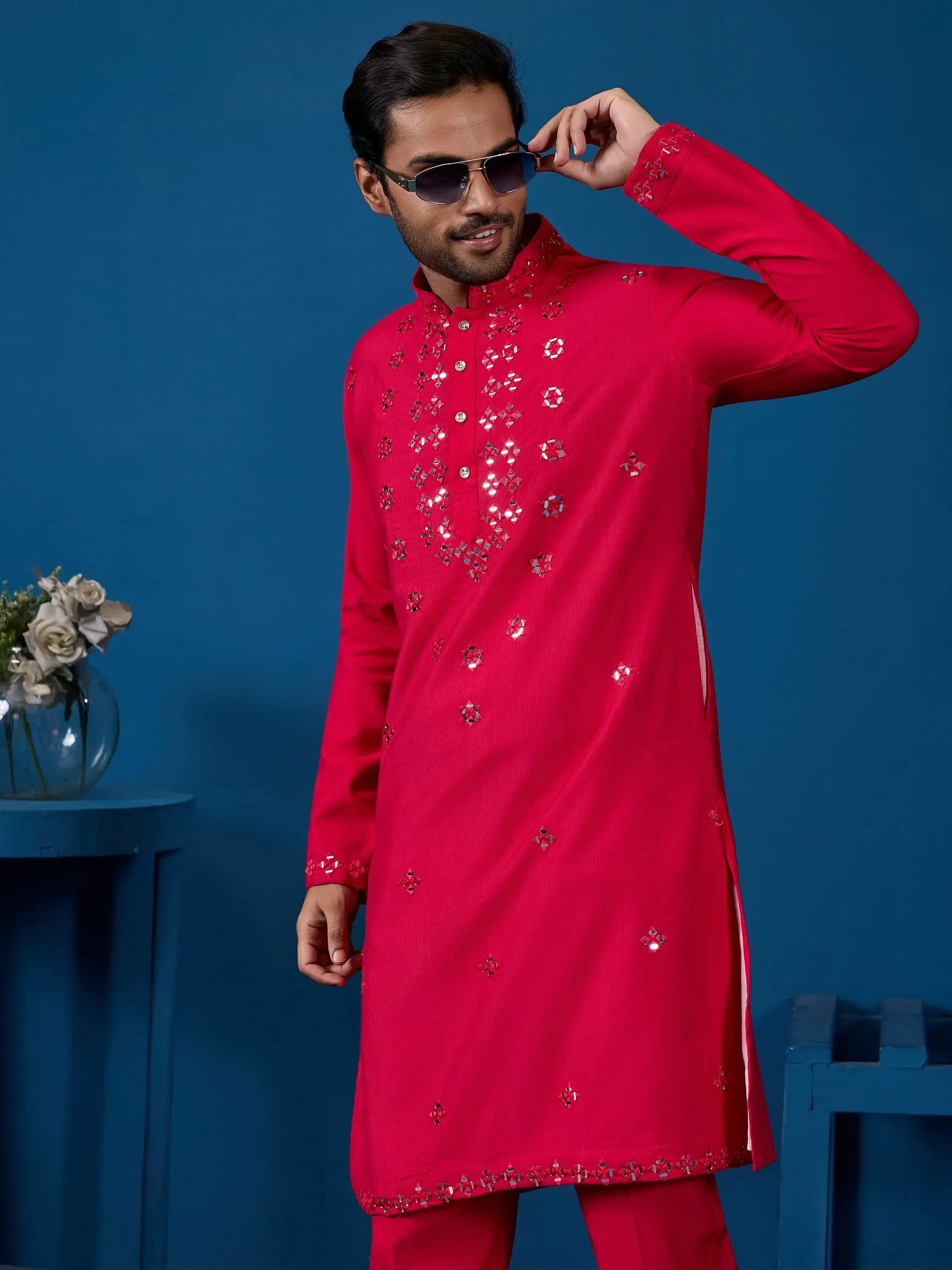Rich Rani Pink Thread Work Viscose Silk Wedding Wear Men Kurta With Pant