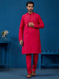 Rich Rani Pink Thread Work Viscose Silk Wedding Wear Men Kurta With Pant