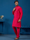 Rich Rani Pink Thread Work Viscose Silk Wedding Wear Men Kurta With Pant