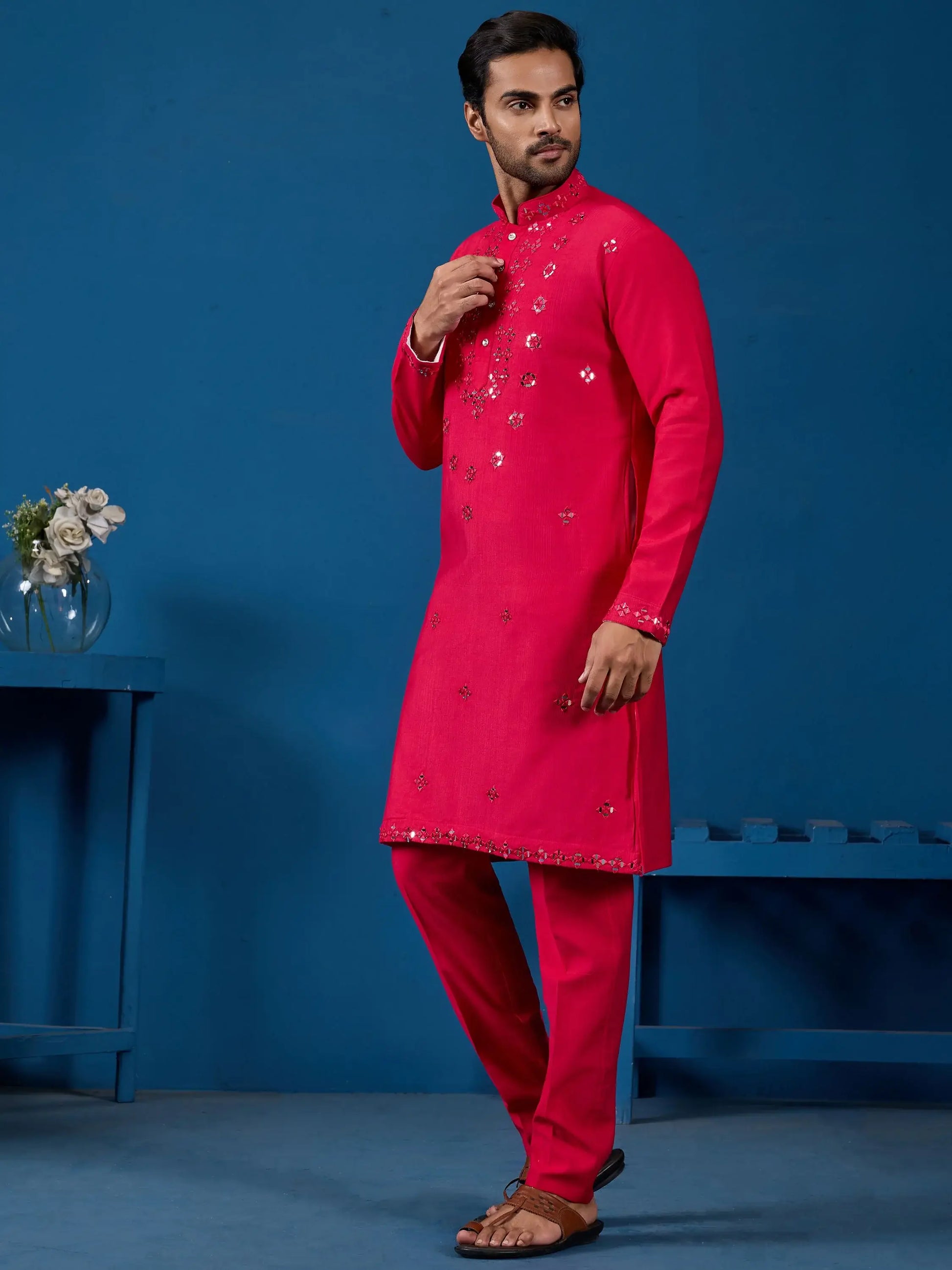 Rich Rani Pink Thread Work Viscose Silk Wedding Wear Men Kurta With Pant