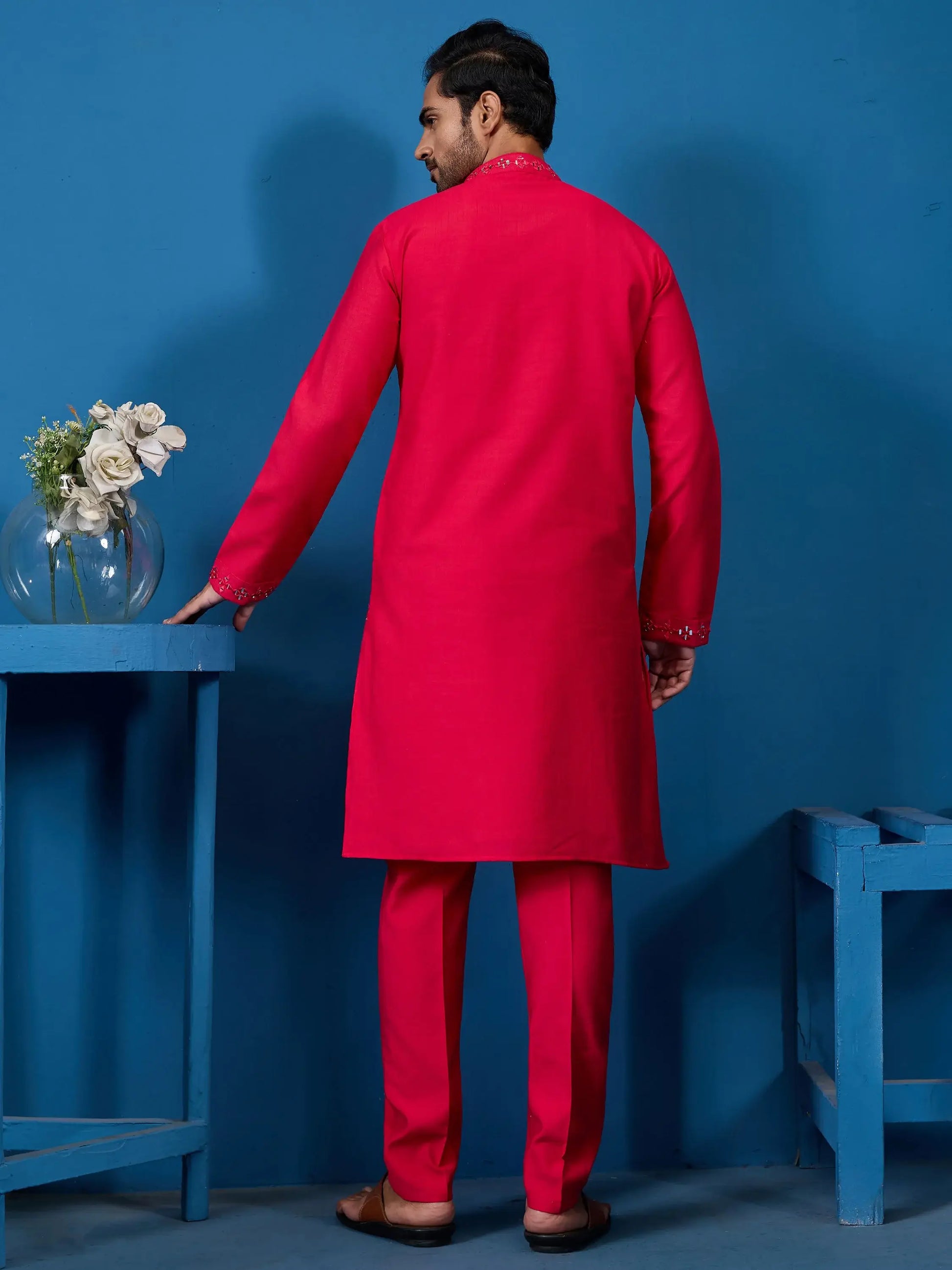 Rich Rani Pink Thread Work Viscose Silk Wedding Wear Men Kurta With Pant