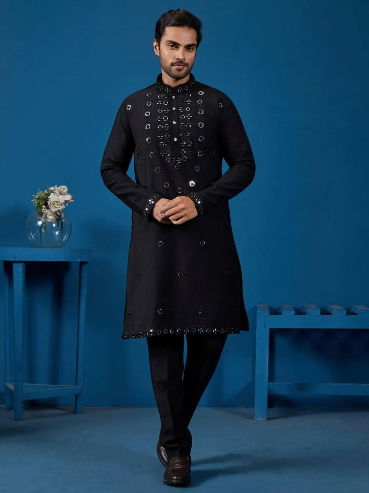 Glorious Black Mirror Embroidered Viscose Silk Traditional Men Kurta With Pant
