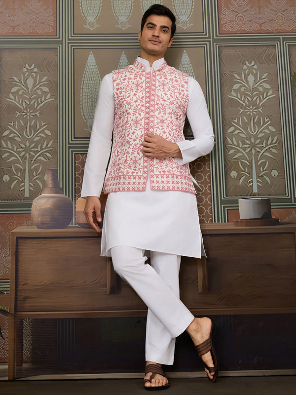 Astounding White Mirror Work Silk Men Kurta With Pant And Pink Jacket