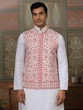 Astounding White Mirror Work Silk Men Kurta With Pant And Pink Jacket