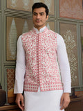 Astounding White Mirror Work Silk Men Kurta With Pant And Pink Jacket
